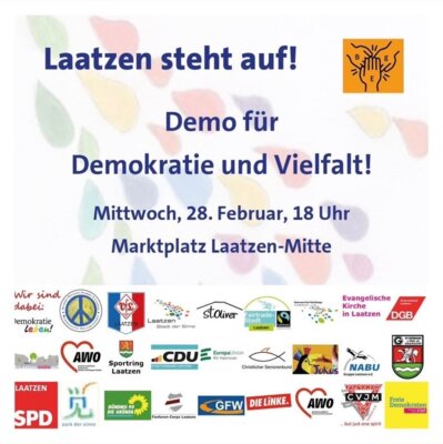 Laatzen steht auf! Demo für Demokratie und Vielfalt! 28.02.2024, 18.00 Uhr Marktplatz (Bild vergrößern)