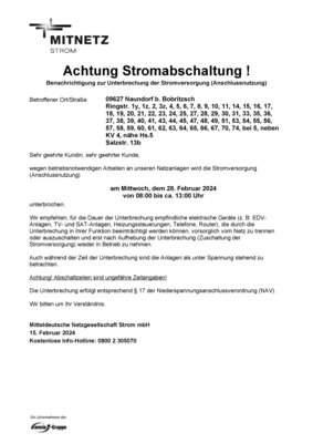 Meldung: Stromabschaltung in Naundorf am Mittwoch, 28. Februar 2024