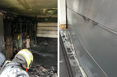 Unsere Collage zeigt den Innenraum der Garage und das sich nach außen wölbende Garagentor (Quelle: Feuerwehr Falkensee)