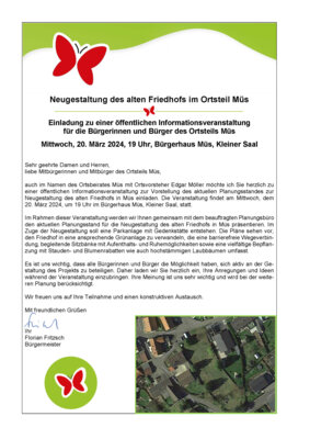 Einladung zur einer öffentlichen Informationsveranstaltung zur Neugestaltung des alten Friedhofs im Ortsteil Müs