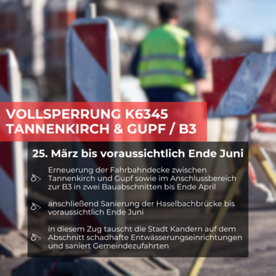 Meldung: Vollsperrung ab 25. März: K6345 Tannenkirch/Gupf wegen Sanierungsarbeiten
