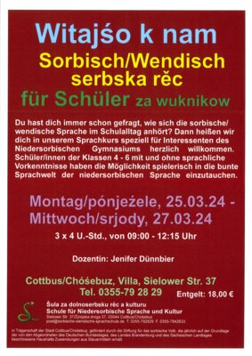 Neu!!! 25.03.24 - 27.03.24 Witajśo k nam - Serbšćina za wuknikow/Sorbisch/Wendisch für Schüler/innen (Bild vergr&ouml;&szlig;ern)