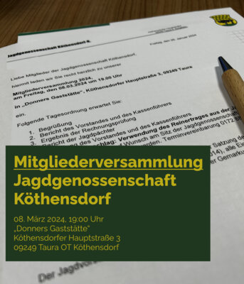 Meldung: Mitgliederversammlung Jagdgenossenschaft Köthensdorf-R. durchgeführt