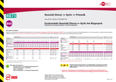 Ersatzverkehr auf der RB73 zwischen Neustadt (Dosse) und Kyritz ab 23. März 2024 mit geänderten Abfahrtszeiten