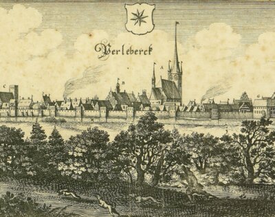 Kupferstich von Caspar Merian (Ausschnitt) | Ansicht von Perleberg aus dem Jahre 1650.