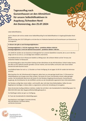 Meldung: Kontaktstelle für Selbsthilfegruppen Stadt Augsburg: Einladung Tagesausflug für Gunzenhausen an den Altmühlsee