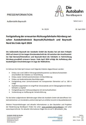 Fertigstellung der erneuerten Richtungsfahrbahn Nürnberg zwi-schen Autobahndreieck Bayreuth/Kulmbach und Bayreuth Nord bis Ende April 2024