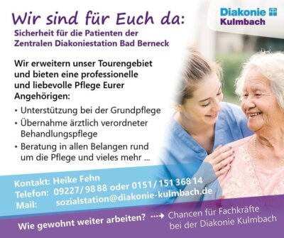 Die Diakonie Sozialstation Kulmbach nimmt Anfragen an.-Für pflegebedürftige Menschen rund um Bad Berneck kann es weitergehen: