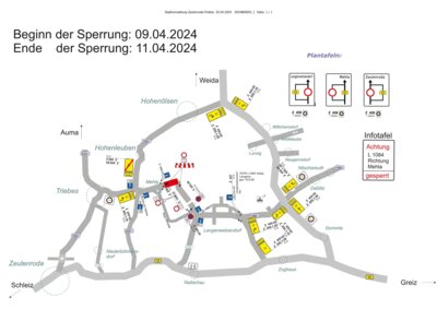Vollsperrung: Landesstraße L 1084 Mehla-Langenwetzendorf vom 9.4. bis 11.4.2024 (Bild vergrößern)