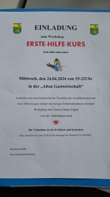 Einladung zum Workshop Erste Hilfe Kurs