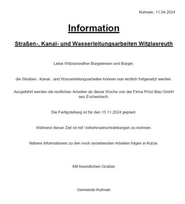 Information Straßen-, Kanal- und Wasserleitungsarbeiten Witzlasreuth