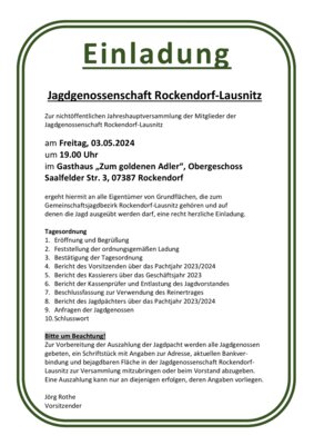 Einladung Jagdgenossenschaft Rockendorf-Lausnitz (Bild vergrößern)