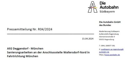 Sperrung der Anschlussstelle Wallersdorf-Nord in Fahrtrichtung München von Freitag, den 26.04.2024 um 12:00 Uhr bis Sonntag, den 28.04.2024 ca. 16:00 Uhr