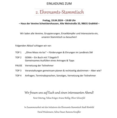 🍻🤝🗣️ 2. Ehrenamts-Stammtisch in der Gemeinde Grabfeld am Freitag, 19.04.2024, 19 Uhr, Haus der Vereine Schwickershausen