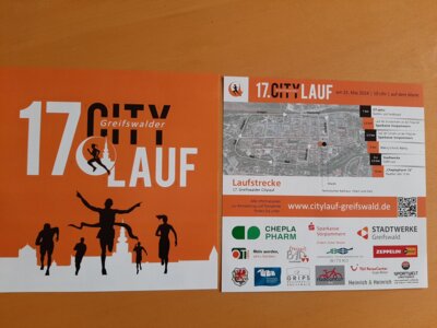 So sieht der Info-Flyer zum 17. Greifswalder Citylauf am 25. Mai aus. Die Schülerläufe über 2,5 Kilometer starten um 10.15 und 10.20 Uhr.