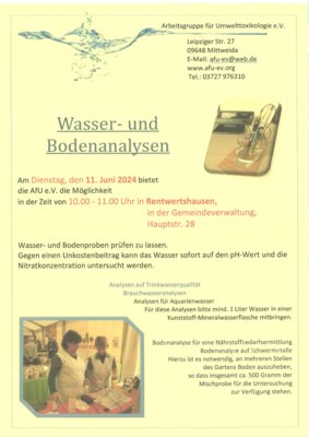 💧 Wasser- und Bodenanalysen am Dienstag, 11. Juni 2024, 10 - 11 Uhr in Rentwertshausen