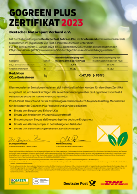 Der DMV erhält das Deutsche Post GoGreen Plus Zertifikat 2023 für herausragenden Umweltschutz (Bild vergrößern)
