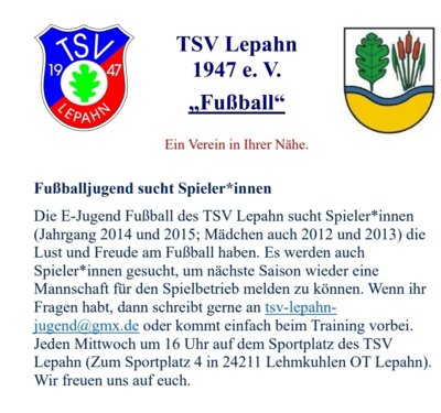 Meldung: TSV Lepahn sucht Spieler*innen für E-Jugend