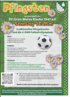 Traditionelles Pfingstturnier auf dem Sportplatz Sonntag 19. Mai 2024 ab 10.00 Uhr