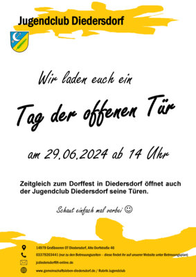 © Plakat - Jugendclub Diedersdorf - Tag der offenen Tür am 29.06.2024 (Bild vergrößern)
