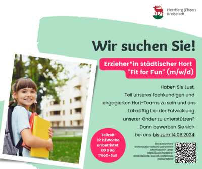 Meldung: Stellenausschreibung als Erzieher*in im städtischen Hort „Fit for Fun“ (m/w/d)