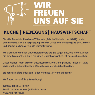 Meldung: Job in der Villa Fohrde - Hauswirtschaftshilfe