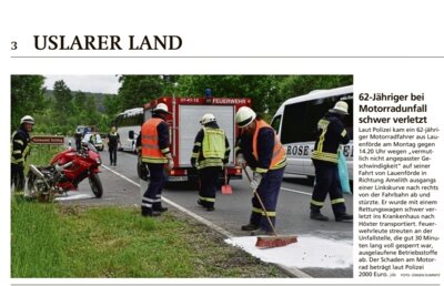 Bericht zum Motorradunfall in der HNA 04.06.2024 (Bild vergrößern)