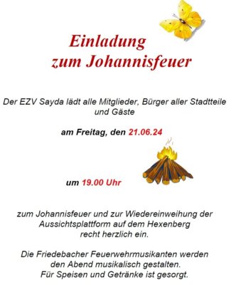 FÄLLT AUS - Johannisfeuer und Wiedereinweihung der Aussichtsplattform auf dem Hexenberg - FÄLLT AUS
