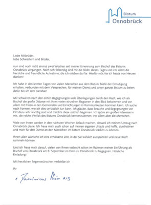 Brief unseres neu ernannten Bischofs Dominicus (Bild vergrößern)