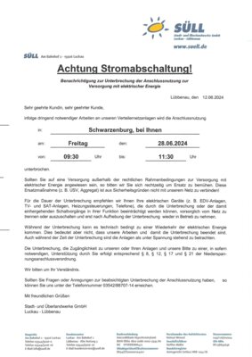 Achtung Stromabschaltung in Schwarzenburg! (Bild vergrößern)