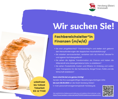 Meldung: Stellenausschreibung als Fachbereichsleiter*in Finanzen - Kämmerer*in (m/w/d)