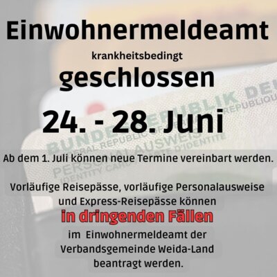 Einwohnermeldeamt vom 24.-28. Juni geschlossen