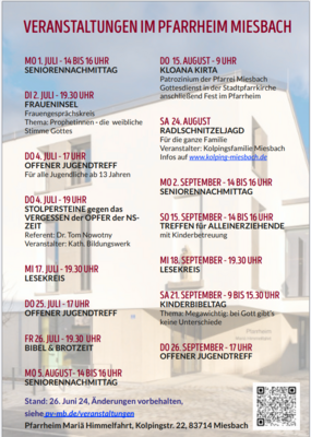 Veranstaltungen im Pfarrheim Juli bis September 2024 (Bild vergrößern)