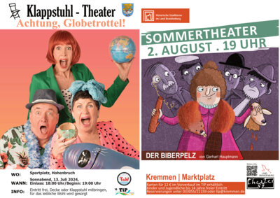 Plakate zu den Theateraufführungen "Globetrottel" und "Der Biberpelz"
