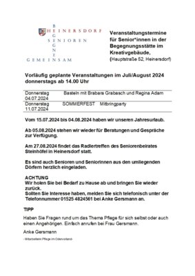 Veranstaltungstermine für Senior*innen in der Begegnungsstätte im Kreativgebäude