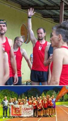 1. Ole Reinholdt zeigt es an - die 30 Läuferinnen und Läufer sind startbereit.   2. Staffelläufer mit LWG-Mitarbeitern im Ziel. Fotos: Ralf Sawacki