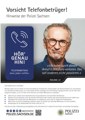 Präventionskampagne der Polizei Sachsen: "HÖR' GENAU HIN! Telefonbetrug kann jeden treffen." (Bild vergrößern)