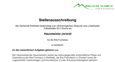 Stellenausschreibung: Hausmeister für die Kita Fuchsbau in Rehfelde