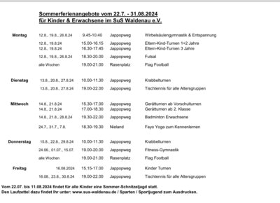 Sommerferienangebote vom 22.7. - 31.08.2024 für Kinder & Erwachsene im SuS Waldenau e.V.