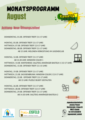 Jugendclub Eisfeld - Monatsprogramm für August (Bild vergrößern)