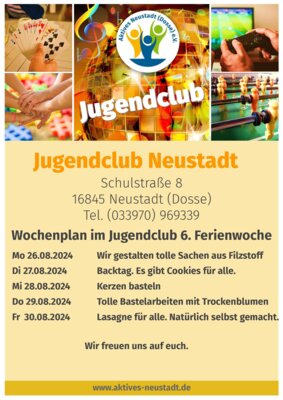 Wochenplan im Jugendclub Neustadt in der 6. Ferienwoche