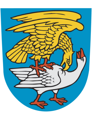 Stadtwappen der Stadt Kremmen - goldener Adler oben, silberne Graugans unten