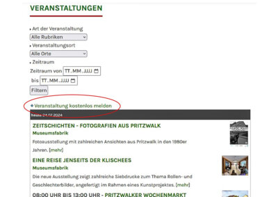 Über die Veranstaltungsseite findet man den Link, um die eigene Veranstaltung für die Terminvorschau zu melden. Screenshot: Beate Vogel (Bild vergrößern)