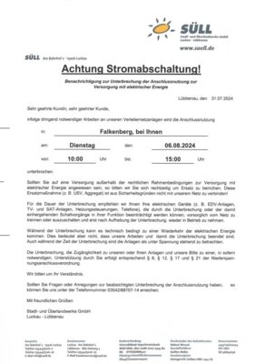 Achtung Stromabschaltung in Falkenberg (Bild vergrößern)