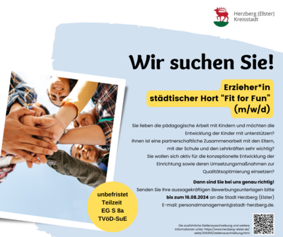 Meldung: Wir suchen Sie! Im städtischen Hort "Fit for Fun" als Erzieher*in (m/w/d)