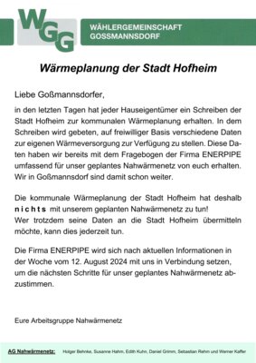 Aktuelle Info zur Wärmeplanung