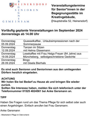 Veranstaltungstermine für Senior*innen im September in der Begegnungsstätte im Kreativgebäude Heinersdorf
