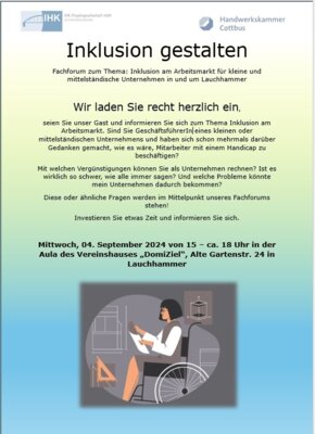 Inklusion gestalten - Fachforum zum Thema:    "Inklusion am Arbeitsmarkt für kleine und mittelständische Unternehmen in und um Lauchhammer" (Bild vergr&ouml;&szlig;ern)