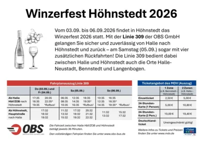 Zusätzliche Fahrten der Buslinie 309 zum Winzerfest von Höhnstedt nach Halle (Saale) am 05.09.2026 ab 17.30 Uhr