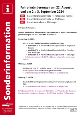 Zugausfälle und SEV auf RT-Linien am 22.8. sowie 2. und 3.9.2024 (Bild vergr&ouml;&szlig;ern)